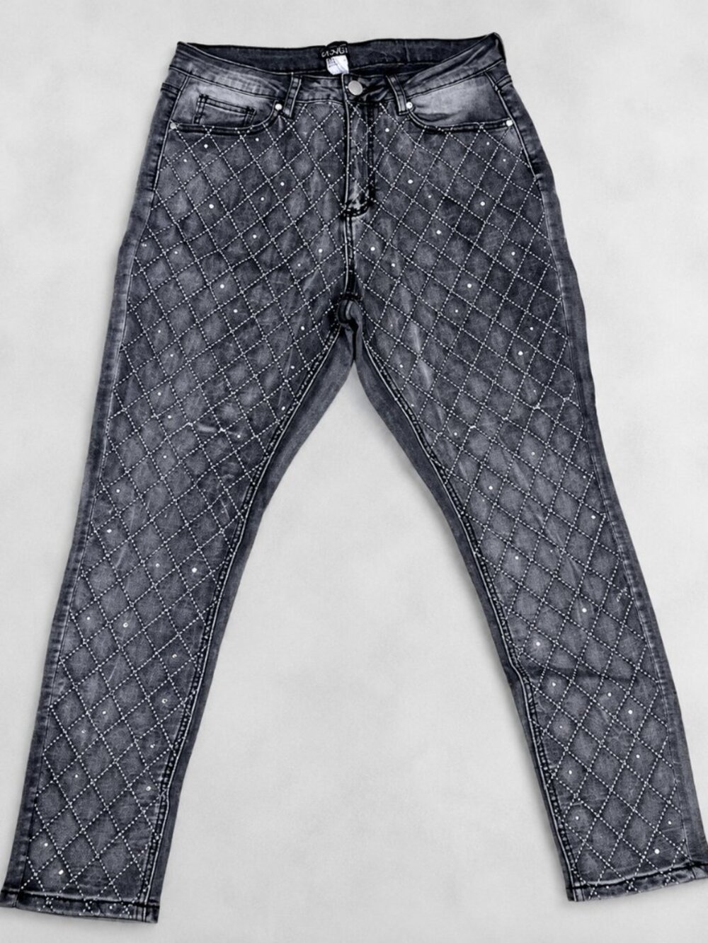 Venus Women Grey Denim Jeans Size 14 Rhinestone Quilted Diamond Pattern